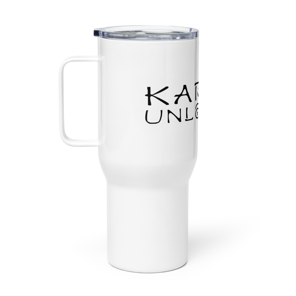 Karate Unlocked Travel Mug with Black Print Left right